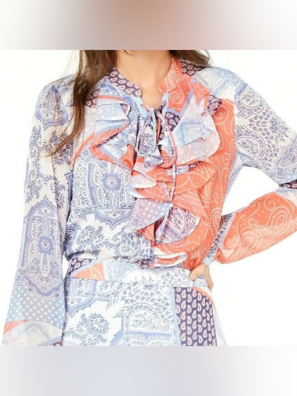 Tommy Hilfiger Patchwork Bandana Ruffle Western Boho Pirate Blouse size M